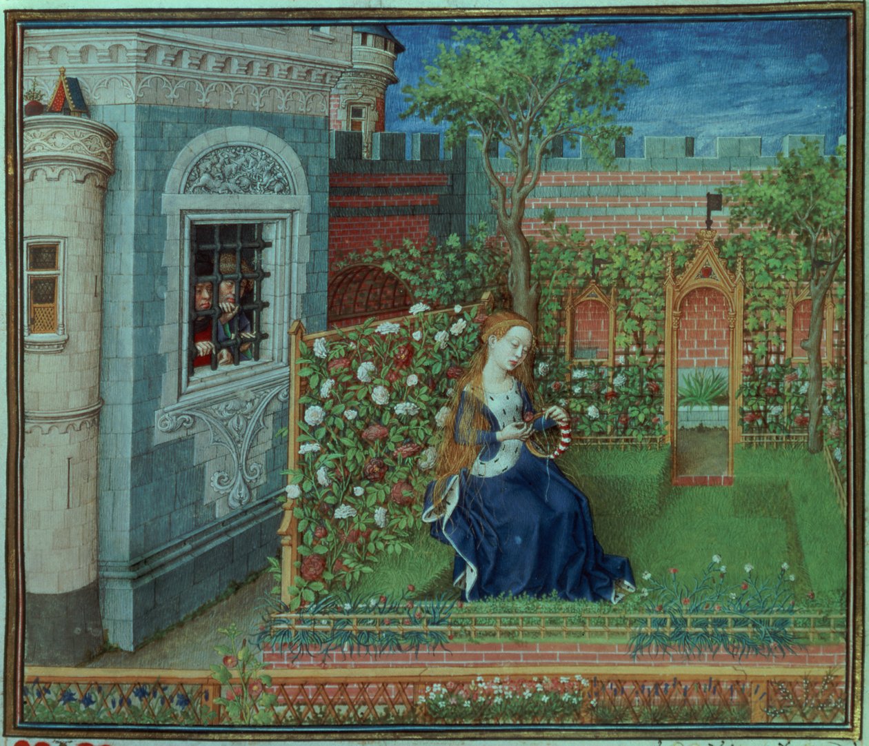 Emelye nel suo giardino. I cavalieri imprigionati Palamone e Arcita, dalle Ore del Duca di Borgogna da French School