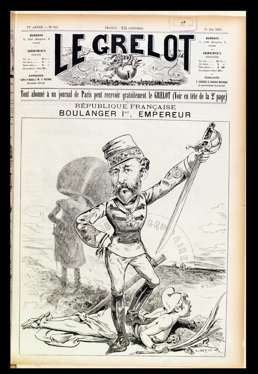 Imperatore Boulanger il Primo, caricatura dalla copertina di Le Grelot, 29 maggio 1887 da French School