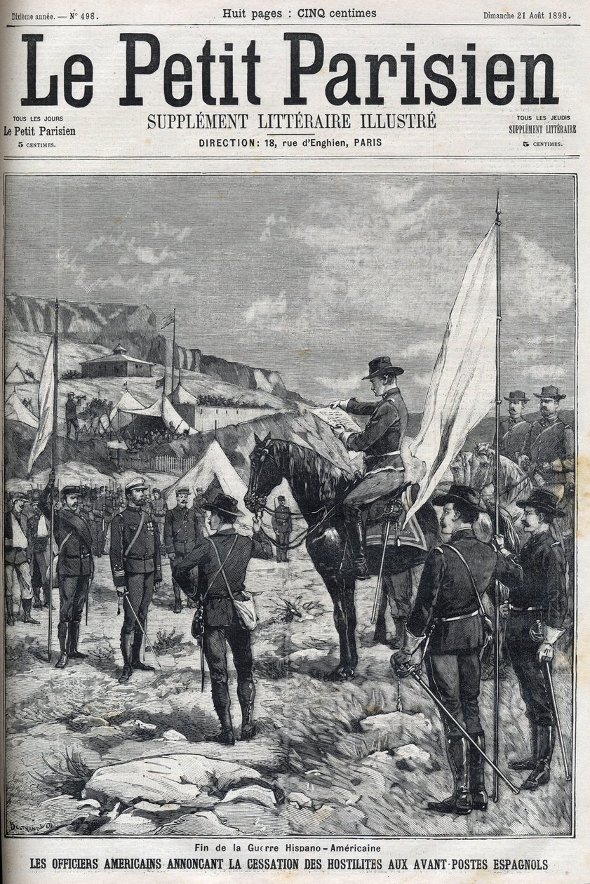 Fine della guerra ispano-americana nel 1898. Ufficiali americani annunciano la cessazione delle ostilità agli avamposti spagnoli. Incisione in 