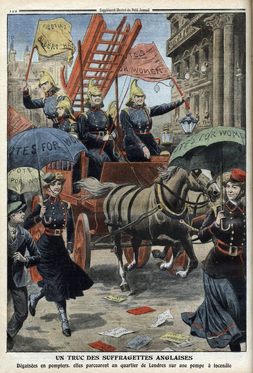 Suffragette inglesi vestite da pompieri, da 