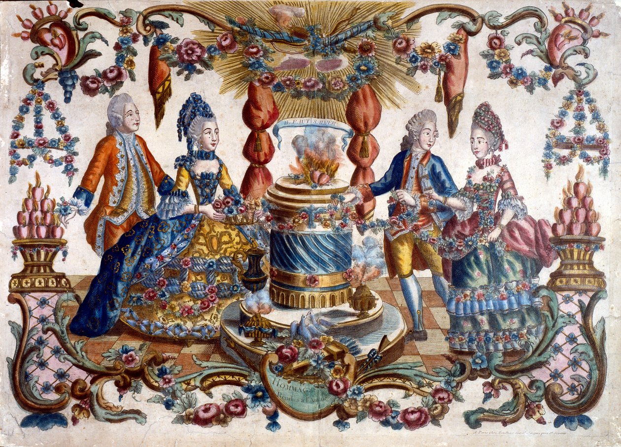 Incisione raffigurante nobili francesi e donna che passeggiano in un giardino. XVIII secolo da French School