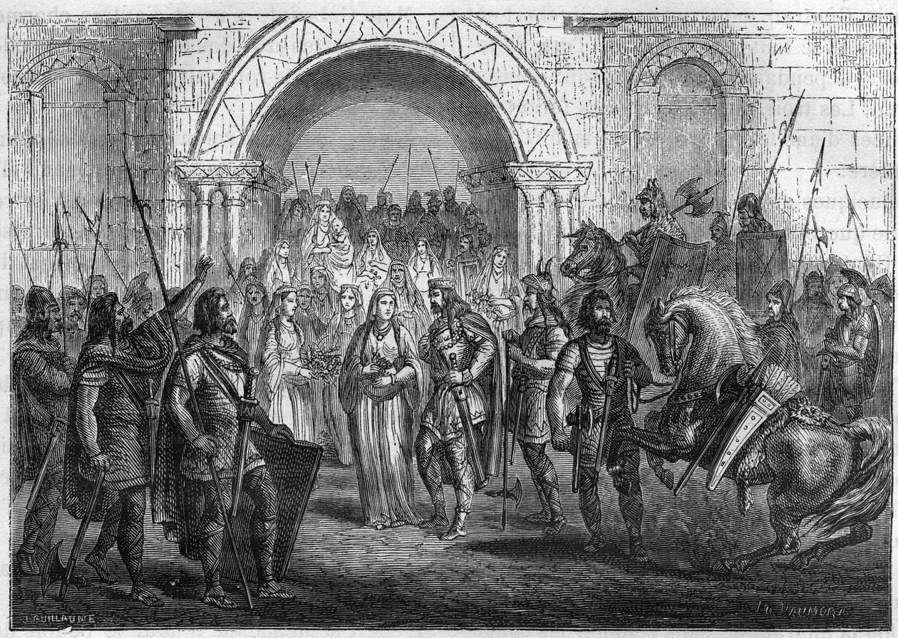 Ingresso di Chilperico I (539-584), re dei Franchi e Galsuinte a Rouen da French School