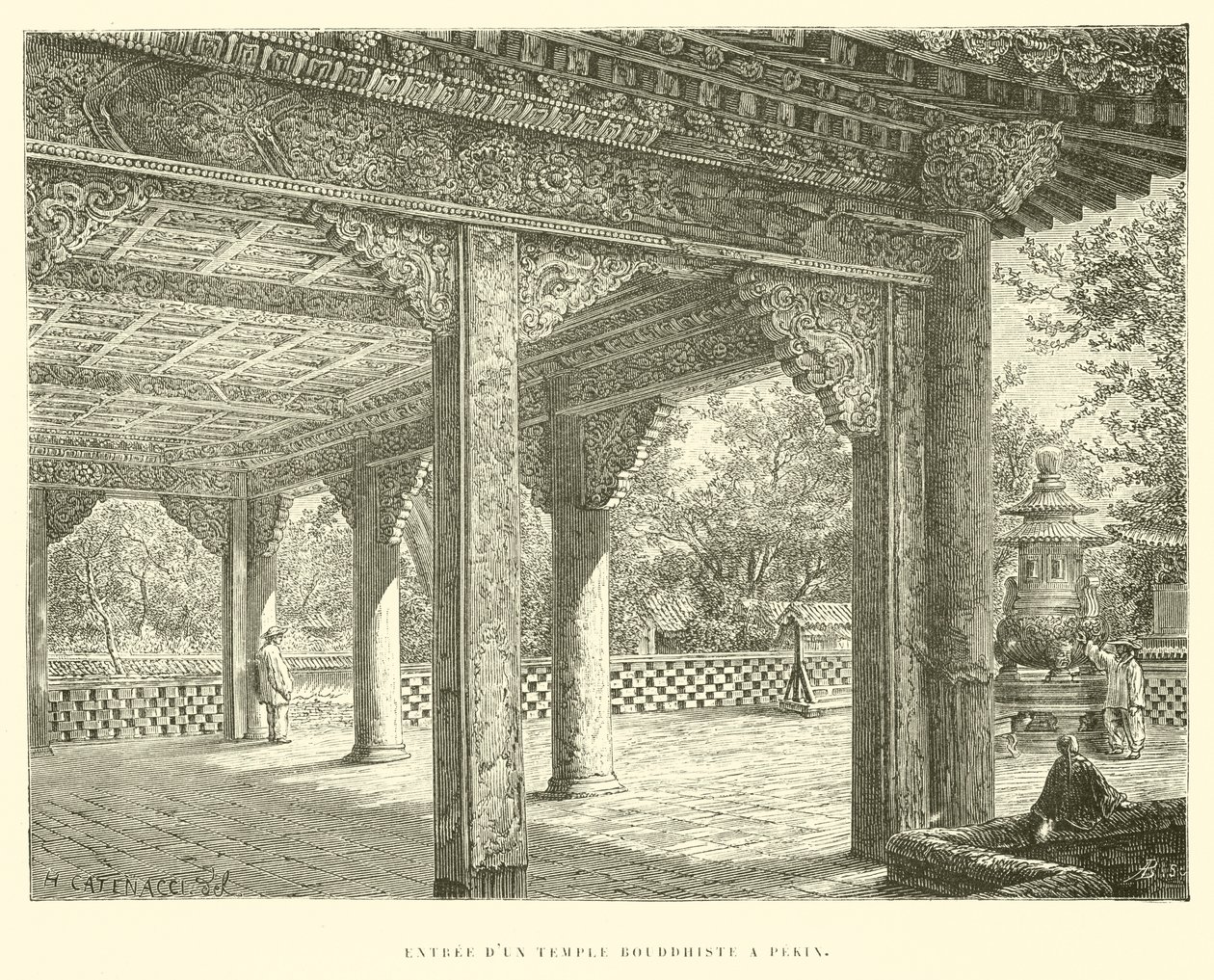 Ingresso di un tempio buddista a Pechino (incisione) da French School