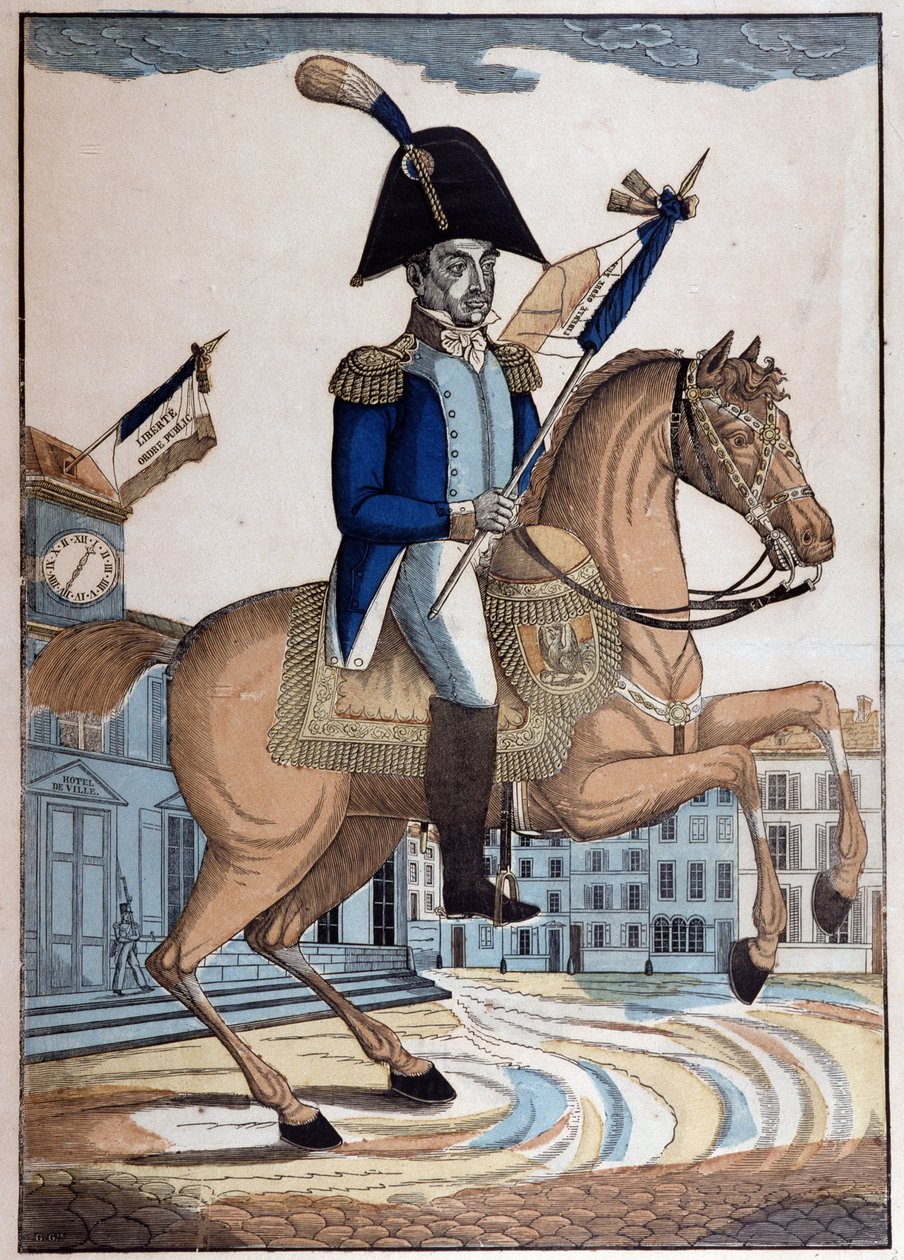 Ritratto equestre del generale Marie Joseph Gilbert Motie Motier, Marchese de Lafayette (1757-1834), Comandante in capo della Guardia Nazionale di Francia da French School