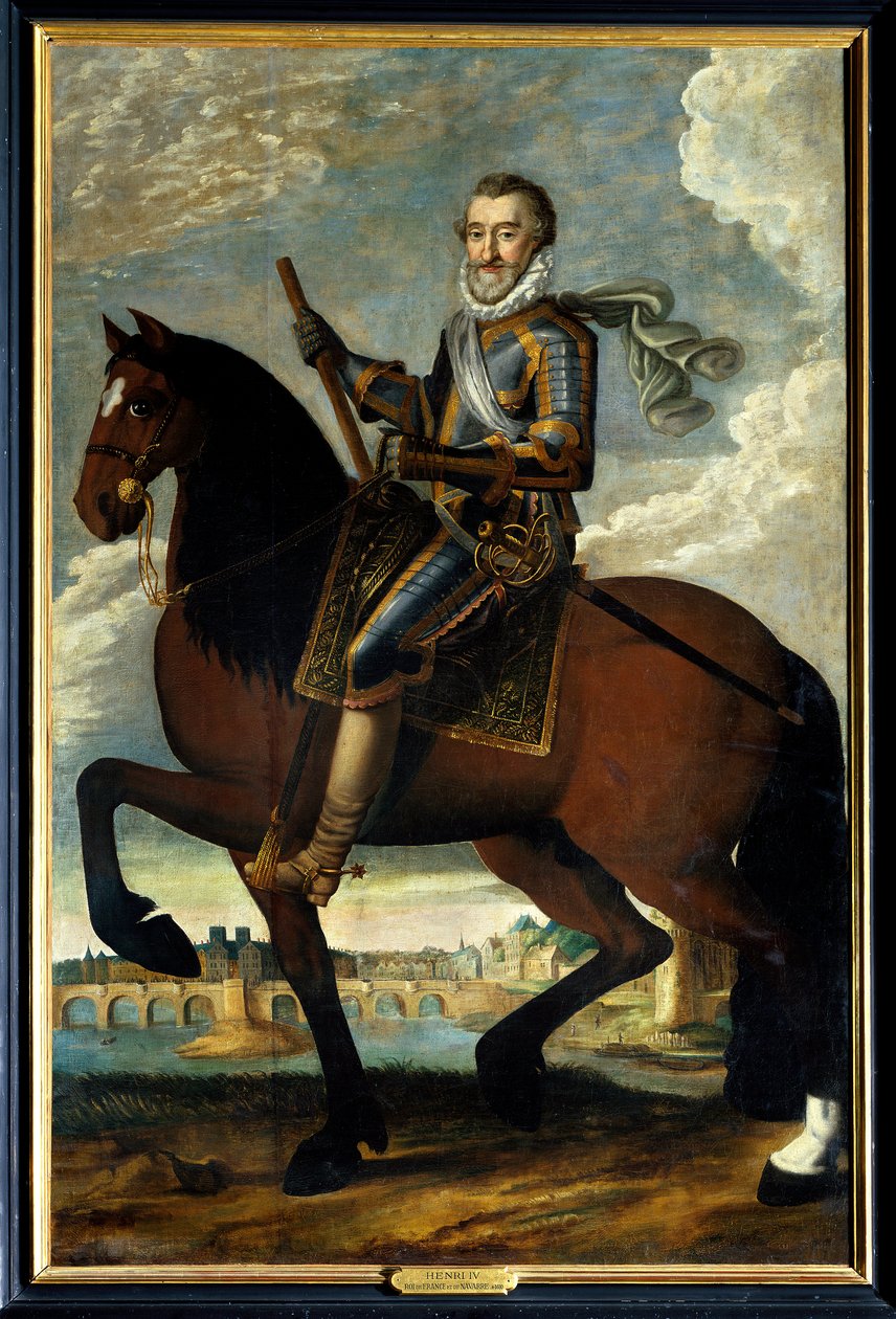 Ritratto equestre di Enrico IV re di Francia davanti al Pont Neuf a Parigi da French School