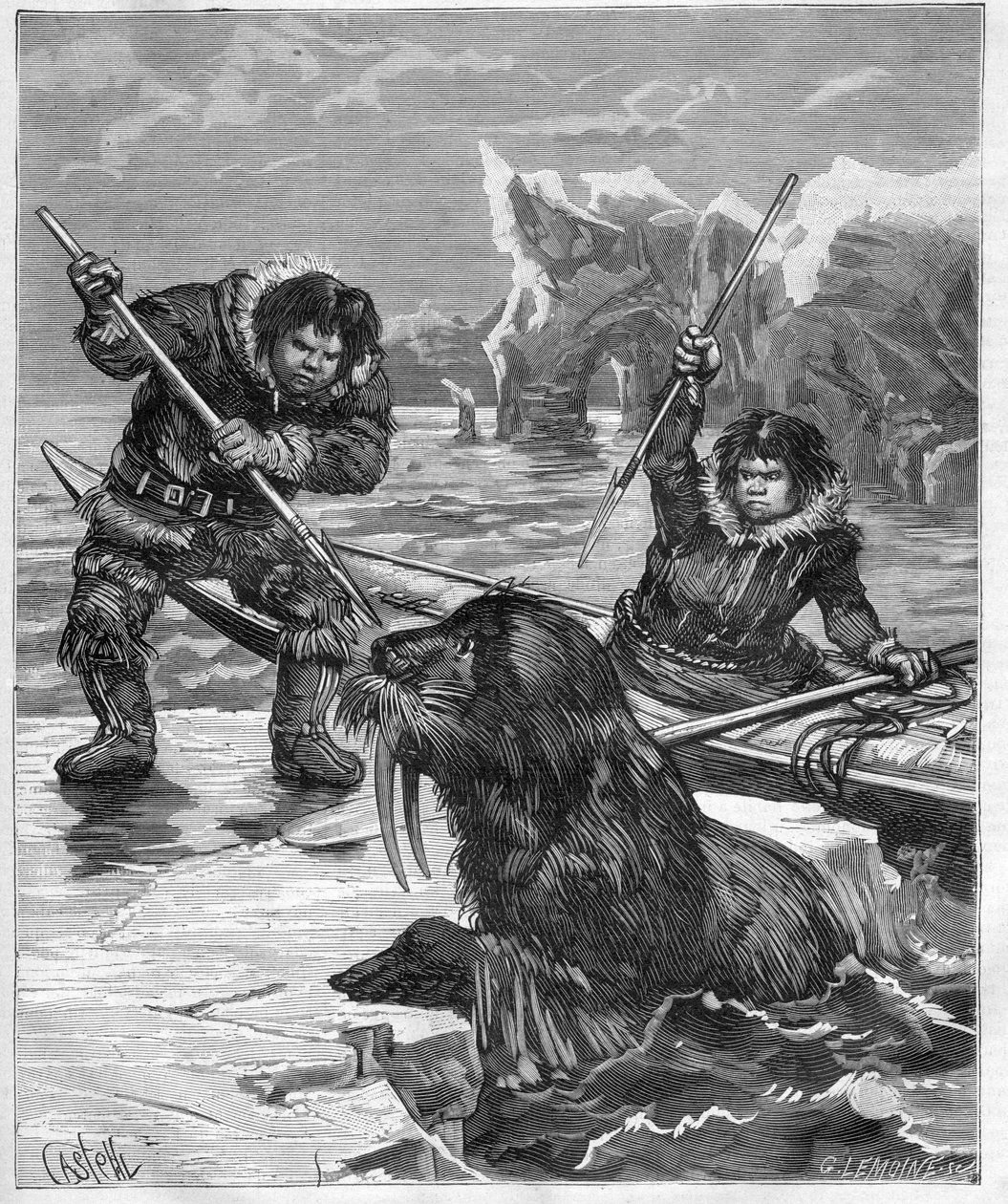 Esquimesi - pesca al tricheco - Esquimesi - pesca al tricheco nel 1888 - incisione in "Journal des Voyages" 1888 da French School