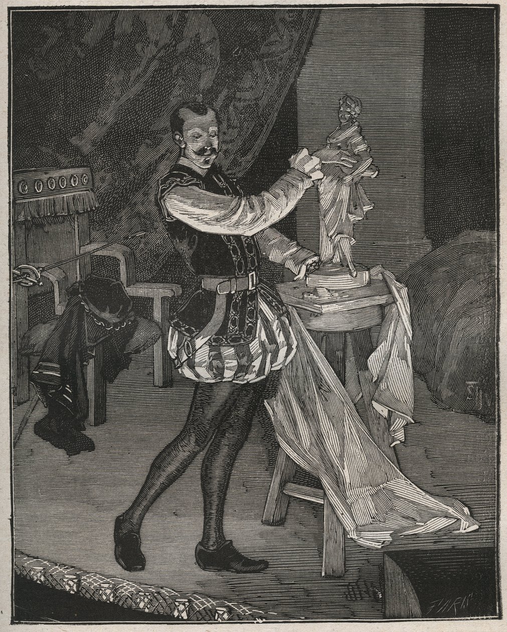 Etienne Marin Melingue (1808-1875), attore francese che interpreta lo scultore Benvenuto Cellini in "Ascanio" di Alexandre Dumas padre, adattato per il teatro da Paul Meurice. Incisione del 1880 in "Les arts et metiers illustres" di Adolphe Bitard da French School