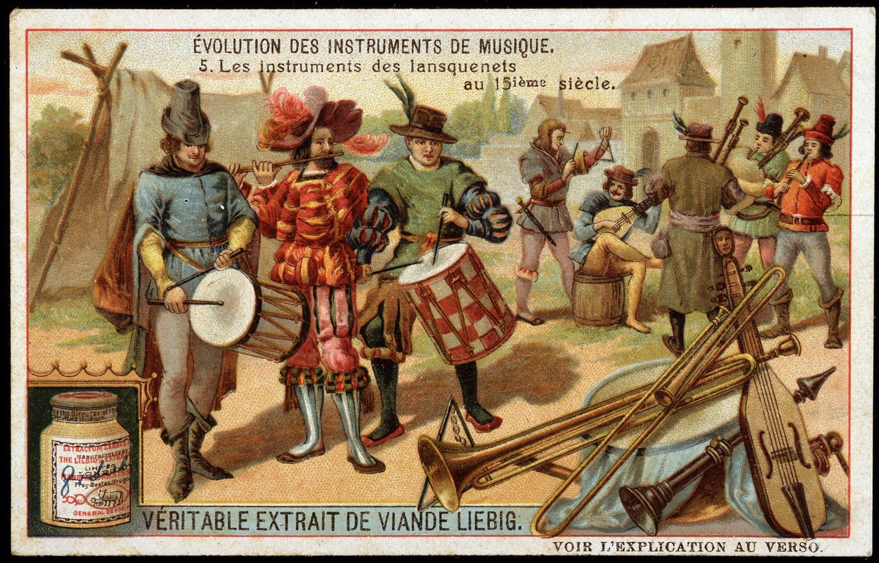 Evoluzione degli strumenti musicali: Gli strumenti dei lanzichenecchi nel XV secolo. Tamburo militare, flauto, triangolo, tromba, una sorta di cornamusa e altri strumenti a corda. Cromolitografia Liebig della fine del XIX secolo. da French School