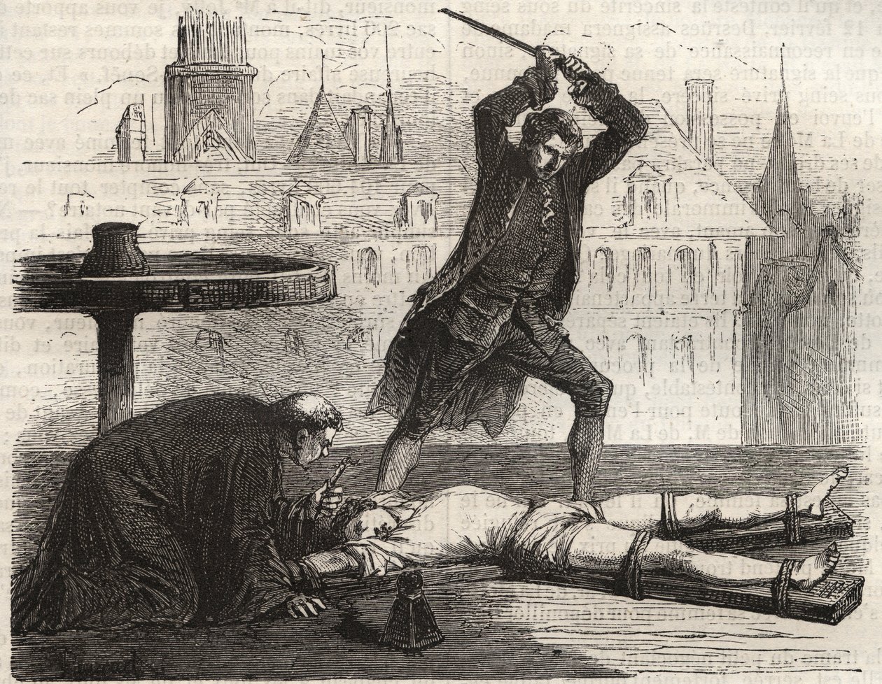 Esecuzione (Le torice de la roue) del velenatore Antoine-Francois Desrues (1744-1777) sulla Place des Greves a Parigi nel 1777 - Punizione di Desrues, spezzato sulla ruota sulla Place de Greve a Parigi da French School