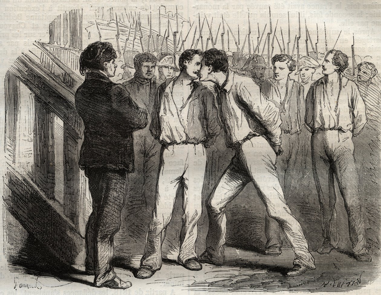 Esecuzione dei quattro sergenti di La Rochelle il 21 settembre 1822: Bories, Raoulx, Gaubin, Pommier - Raoulx, che doveva passare per primo, chiese di abbracciare i suoi compagni - Incisione in "Causes celebres de tous les peuples" di Armand Fouquier (1817 da French School