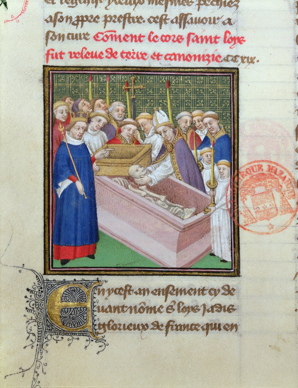 Esumazione e Canonizzazione di San Luigi (1215-70) nel 1297, da Les Grandes Chroniques de France da French School
