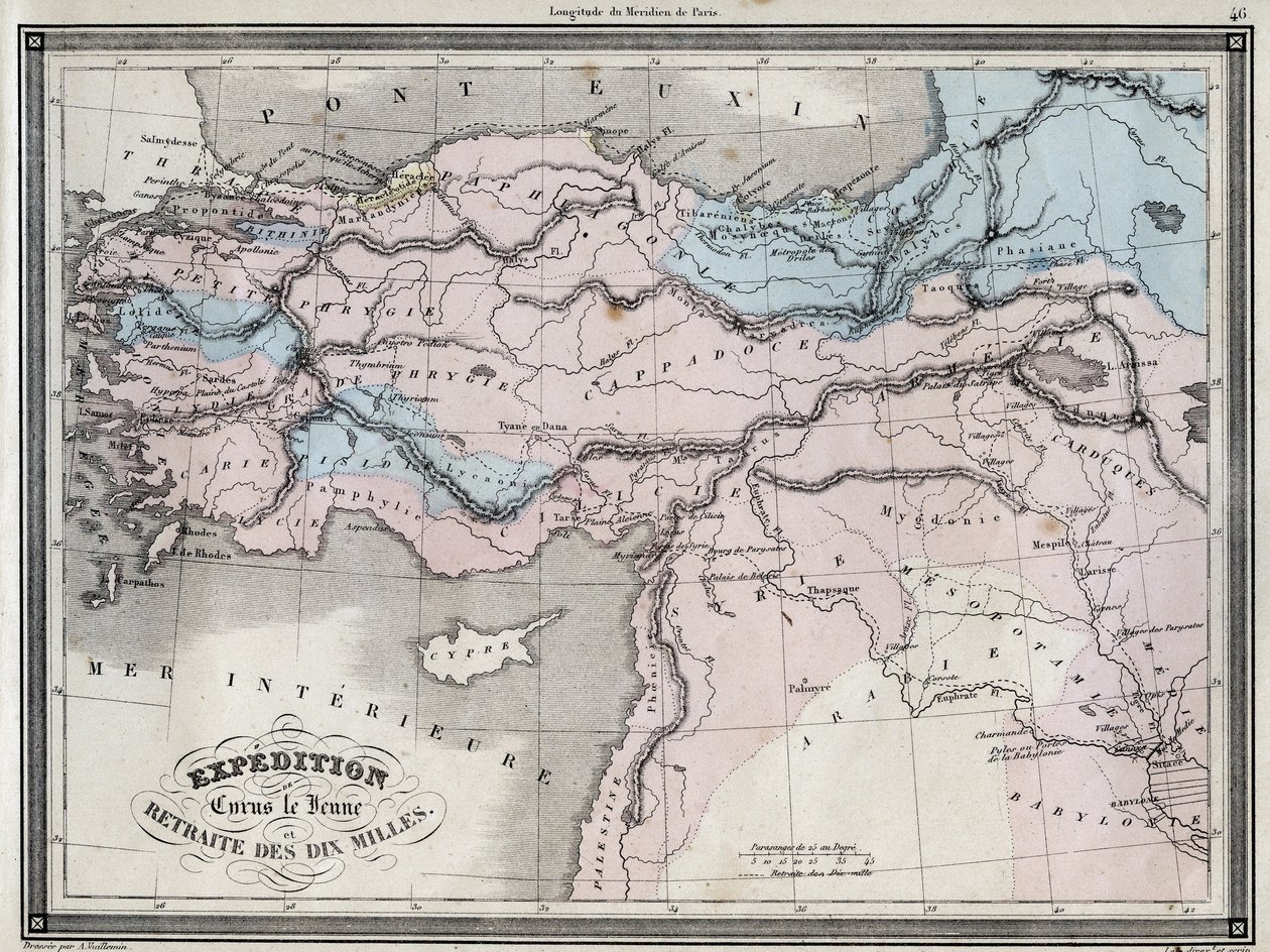 Spedizione di Ciro il Giovane (V secolo a.C.) e ritirata dei diecimila - Tavola estratta da "Atlante Universale di geografia antica e moderna per scuole residenziali" di Vuillemin - ca. 1845 da French School