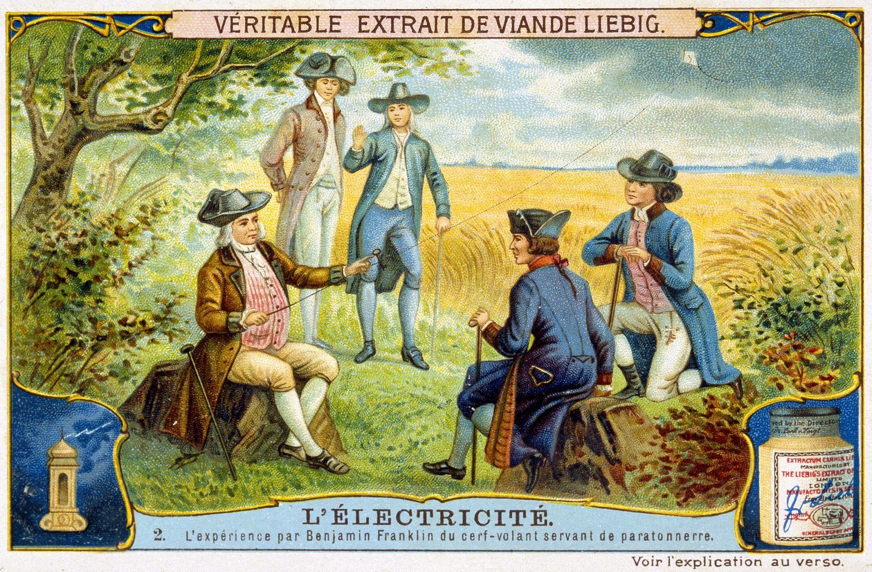 Esperimento di Benjamin Franklin con cervi volanti usati come parafulmine - adesivo pubblicitario Liébig da French School