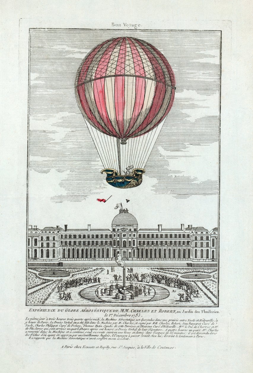 Esperimento del globo aerostatico di MM. Charles e Robert al Giardino delle Tuileries il 1 dicembre 1783, pub. 1783 (incisione colorata a mano) da French School