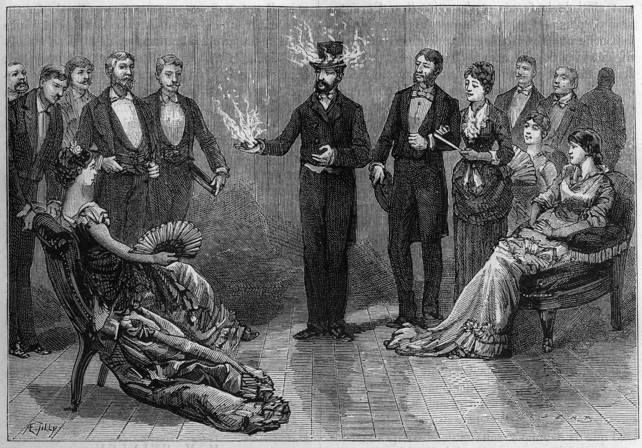 Esperimento di liquido combustibile, che brucia su un cappello, su un fazzoletto, ecc., senza produrre un incendio, eseguito al Conservatoire des Arts et Métiers nel 1881. Incisione in "La Nature. Revue des sciences et de ses applications aux arts et à l