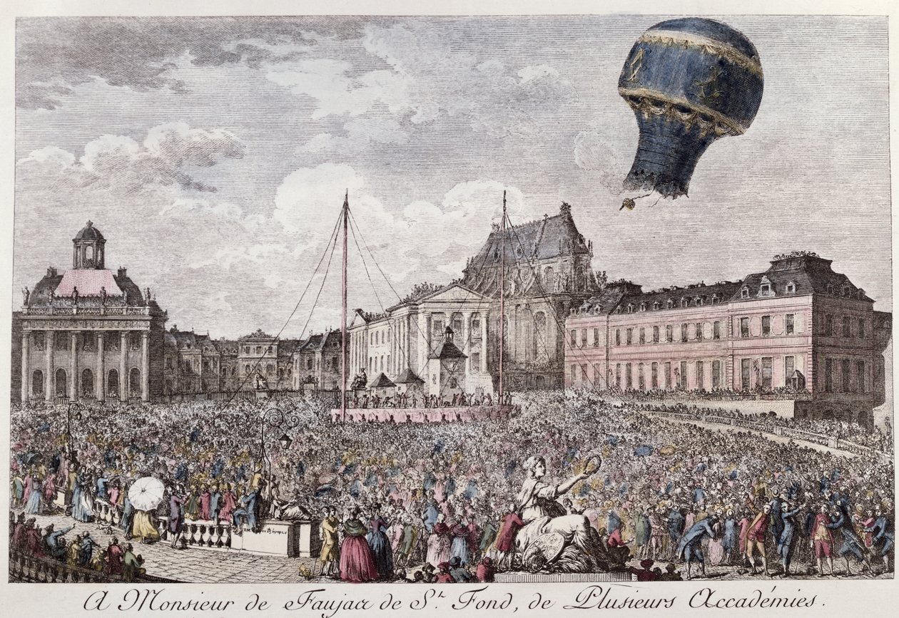 Esperimento a Versailles dei fratelli Montgolfier con il volo in una mongolfiera di un gallo, un