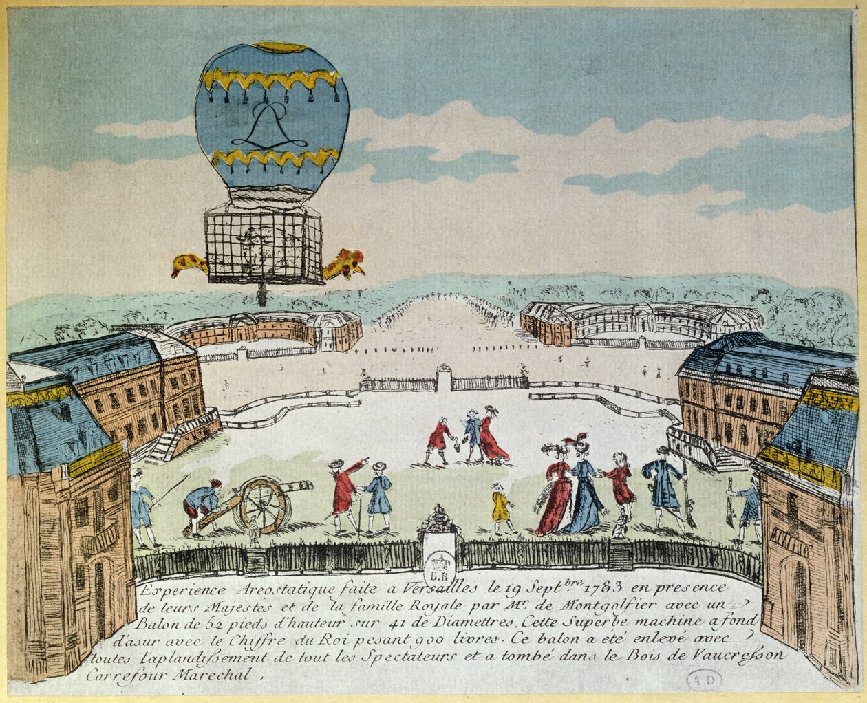 Esperimento a Versailles dei fratelli Montgolfier con il volo in una mongolfiera di un gallo, un