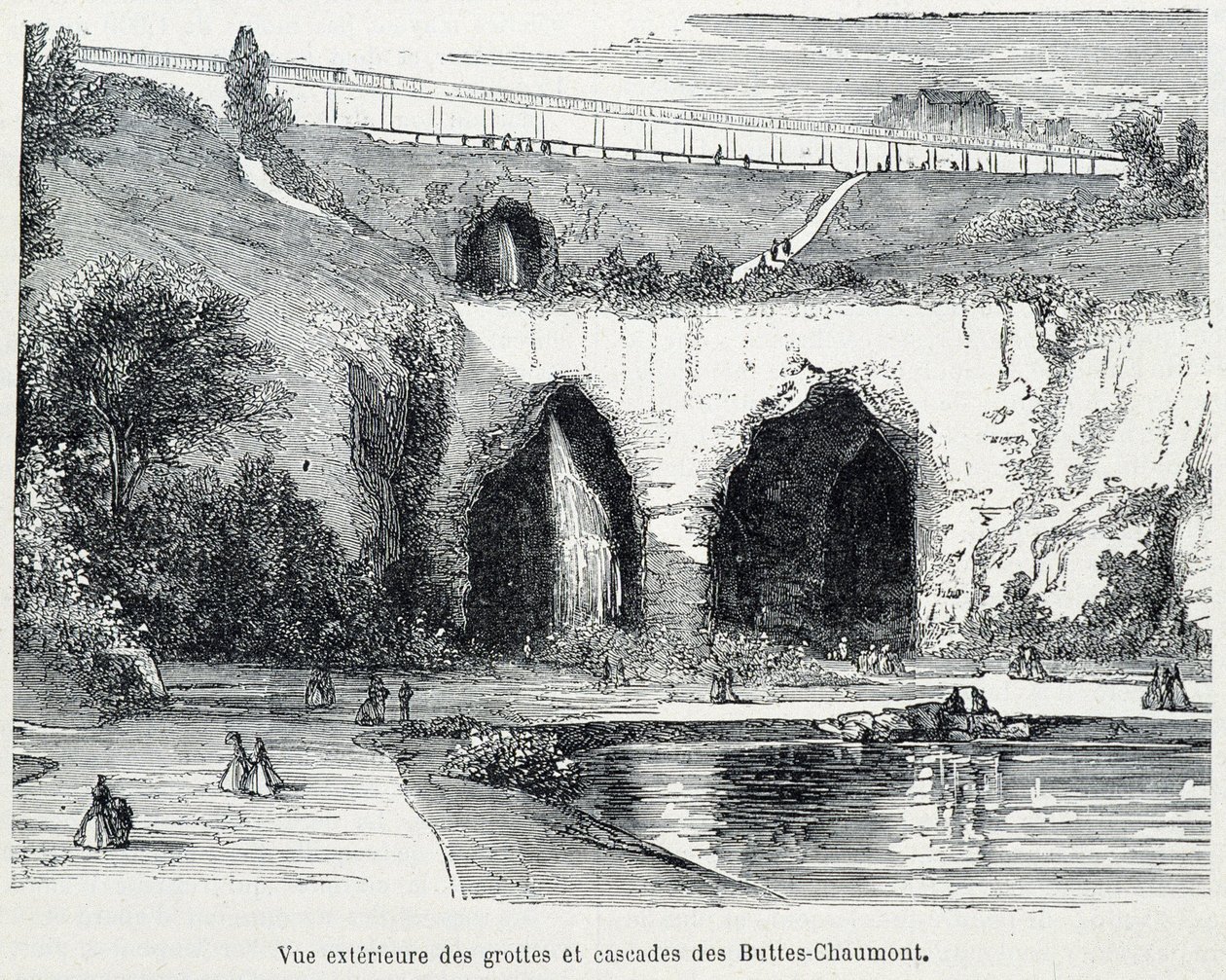 Vista esterna delle cascate e delle grotte delle Buttes Chaumont, incisione del XIX secolo da French School