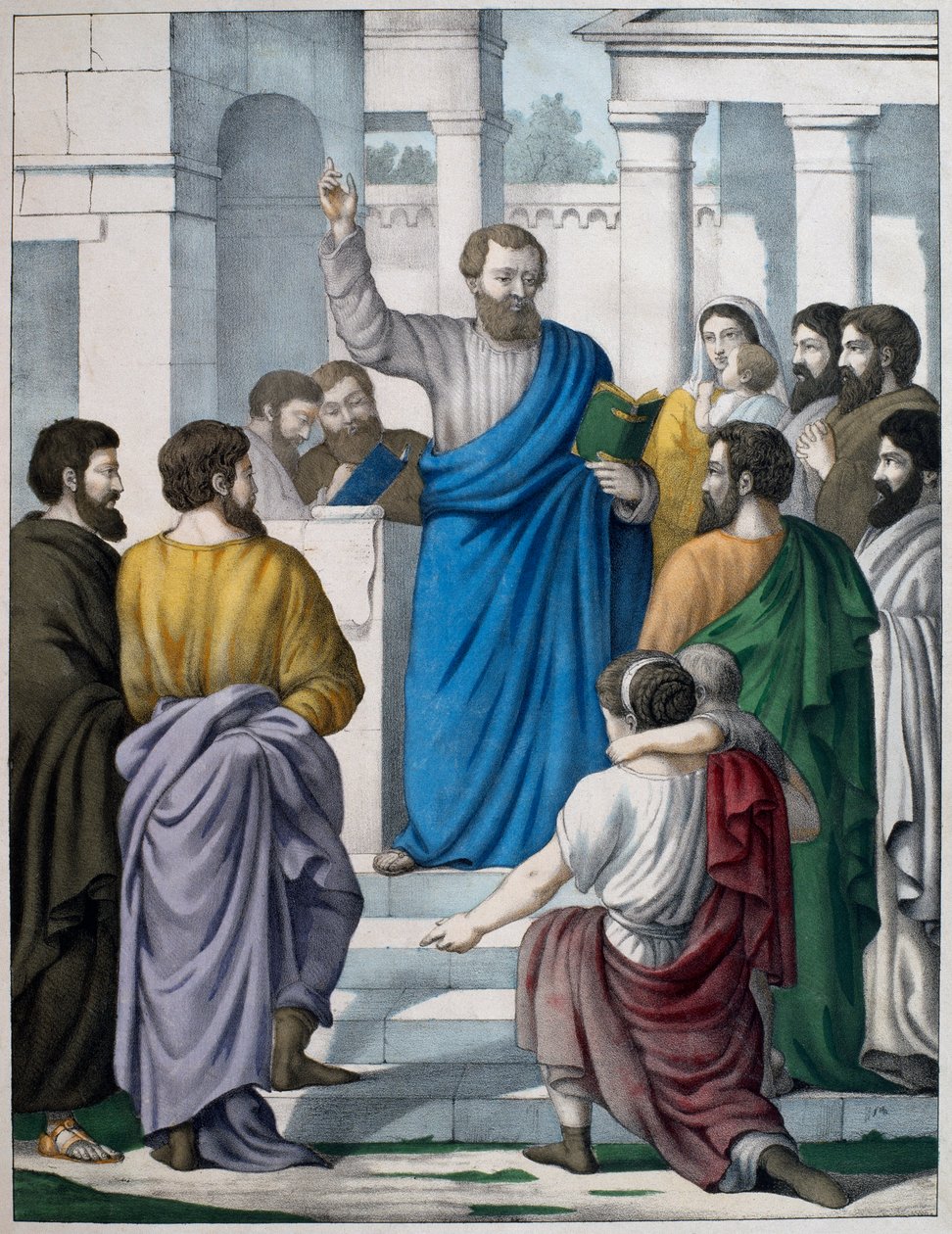 Esdra legge il libro della legge di Mosè, illustrazione da un catechismo L