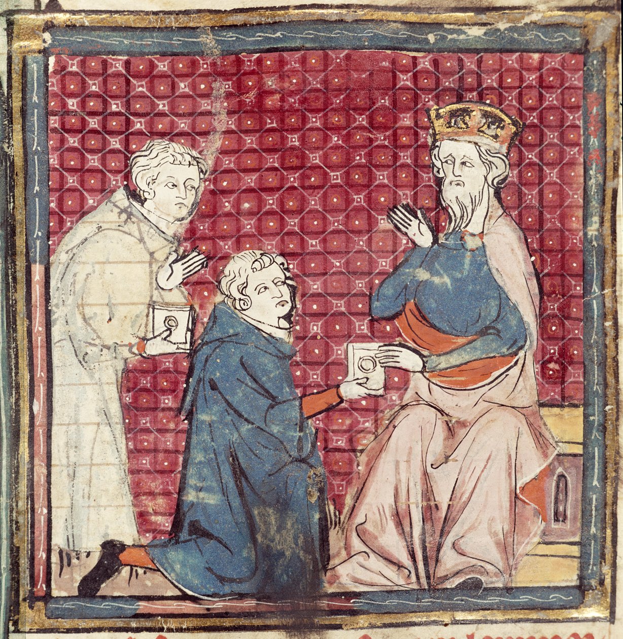 F.117r Messaggeri che raccontano a Carlo Magno della vittoria sui Saraceni, dalle Grandes Chroniques de France, 1375-79 da French School