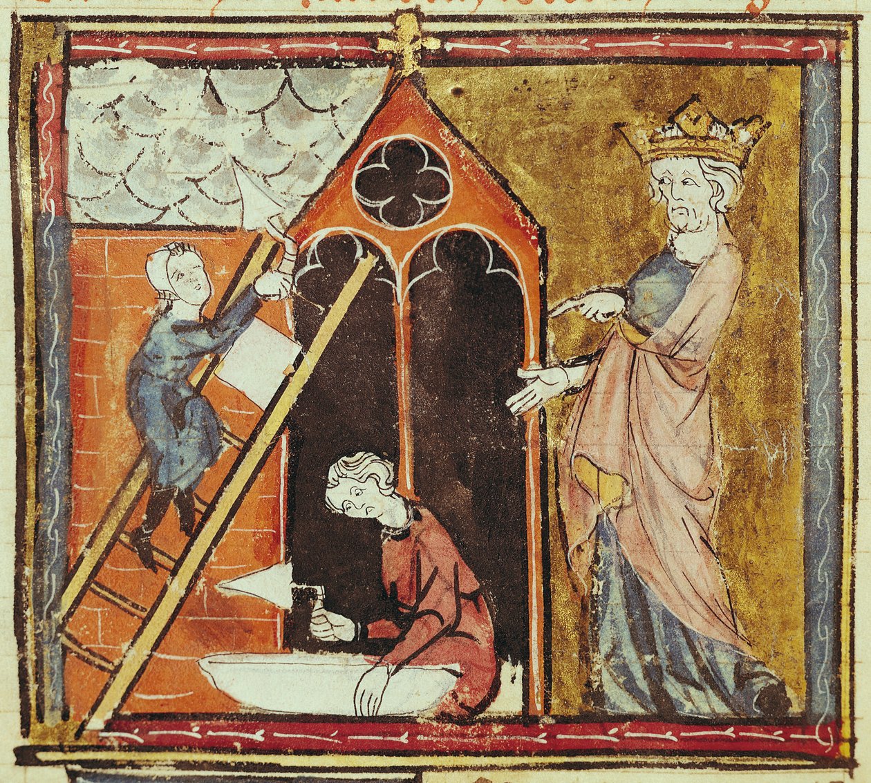 F.235v Re Luigi VI (1080-1137) che osserva la costruzione di una chiesa, dalle Grandes Chroniques de France 1375-79 da French School