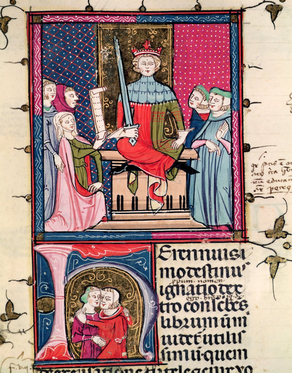 F.39r Legge coniugale, una moglie adultera che appare in tribunale, da Justiniani in Fortiatum da French School