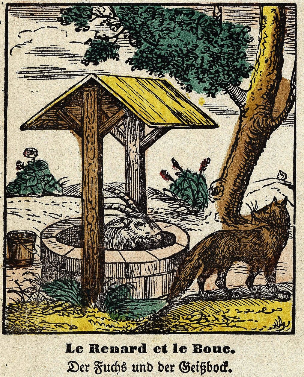 Favole di La Fontaine: la volpe e il buon. Immagine di Epinal, prima metà del XIX secolo da French School