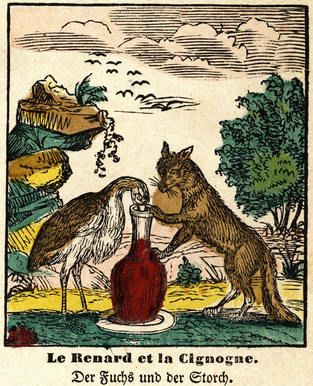 Favole di La Fontaine: la volpe e la cicogna. Immagine di Epinal, prima metà del XIX secolo da French School