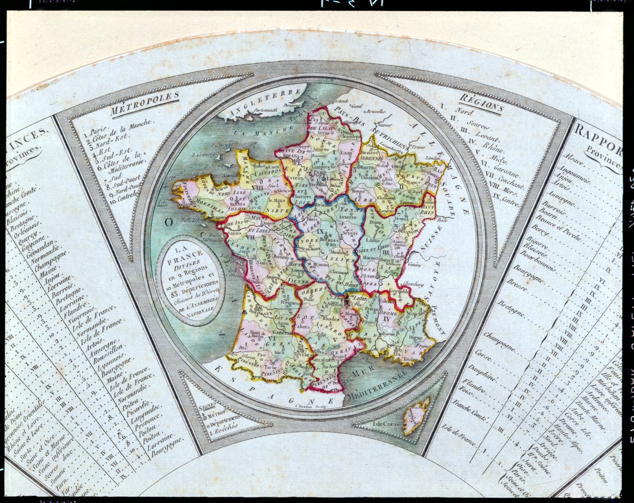 Ventaglio raffigurante la mappa della Francia divisa in 9 regioni, 10 metropoli e 83 dipartimenti, 1790 da French School