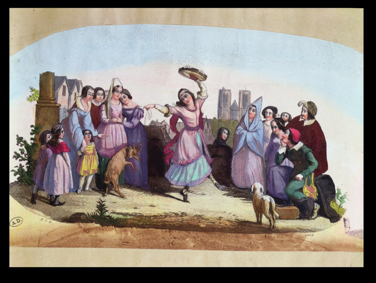 Disegno di ventaglio che raffigura una scena da La Esmeralda, un