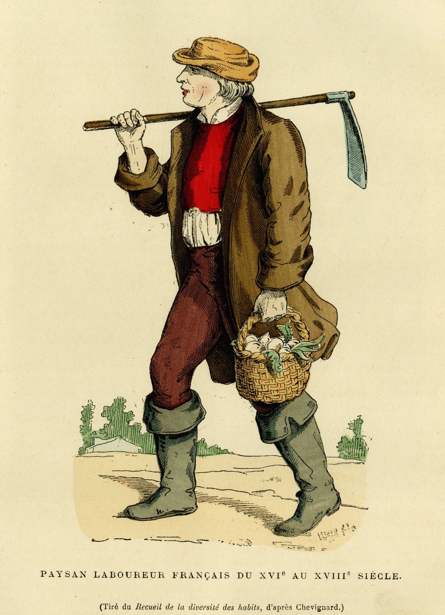 Abito da contadino dal XVII al XVIII secolo. Incisione a colori da un disegno di Chevignard, in "France et les français à travers les siècles" di Augustin Challamel, editore F. Roy, Parigi 1882. Collezione Selva. da French School
