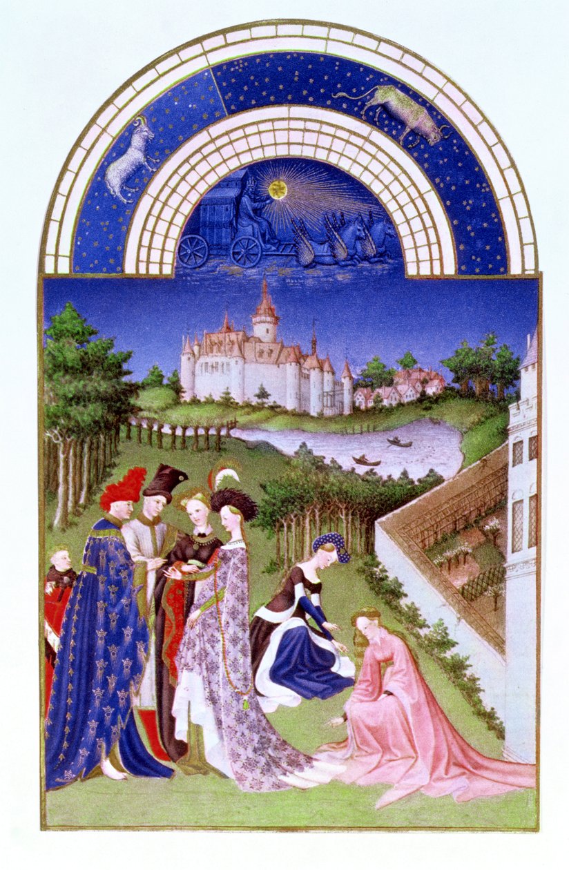 Facsimile di aprile: figure cortesi nei giardini del castello dei fratelli Limbourg, dal Très Riches Heures du Duc de Berry da French School