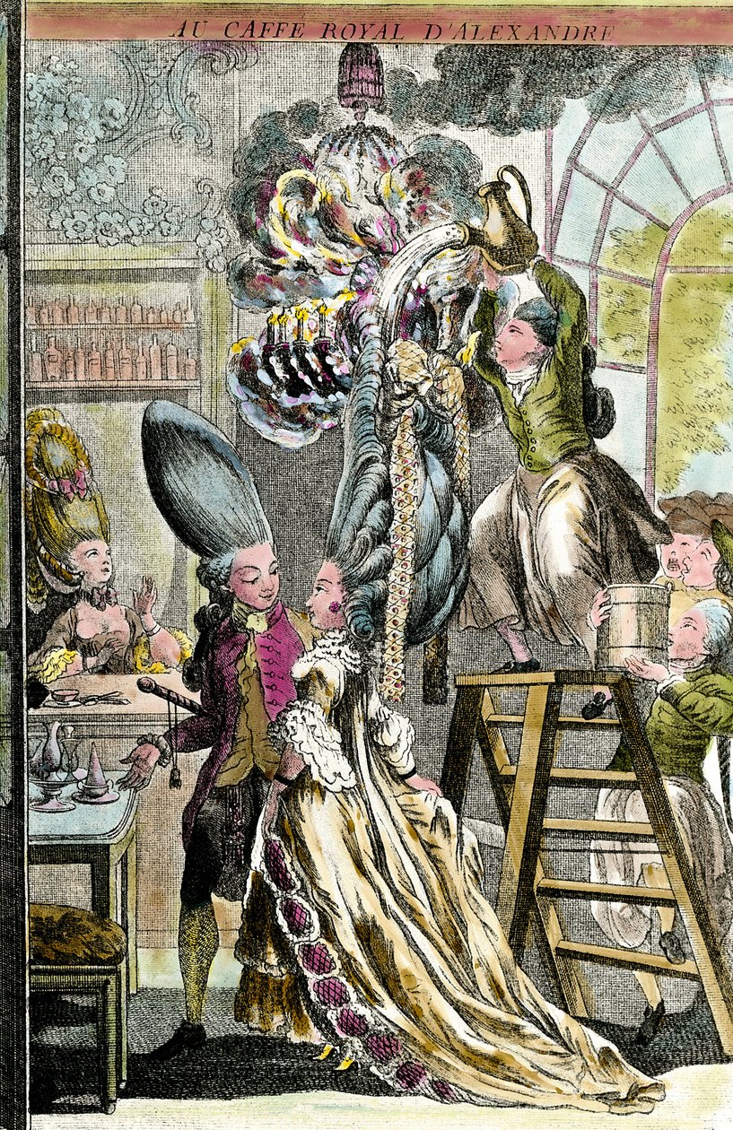 Moda XVIII secolo: "Il fuoco delle acconciature" La parrucca di una donna, acconciata in modo eccentrico, prende fuoco in un lampadario, durante una ricezione mondana al Caffè Reale di Alexandre. Incisione del XVIII secolo Collezione privata da French School