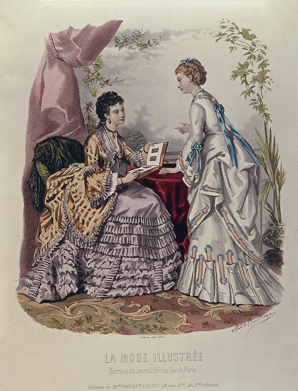 Tavola di moda che mostra signore in abiti disegnati da Mme Breant-Castel e che guardano album fotografici, 1872 da French School