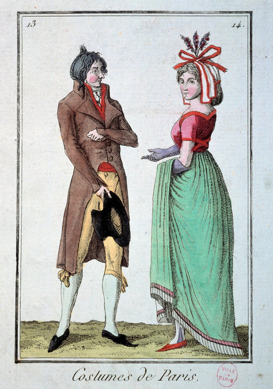 Moda sotto il Direttorio: una coppia di eleganti, la donna indossa un cappello da giardiniere. Incisione del 1795. Parigi, Museo del Costume da French School