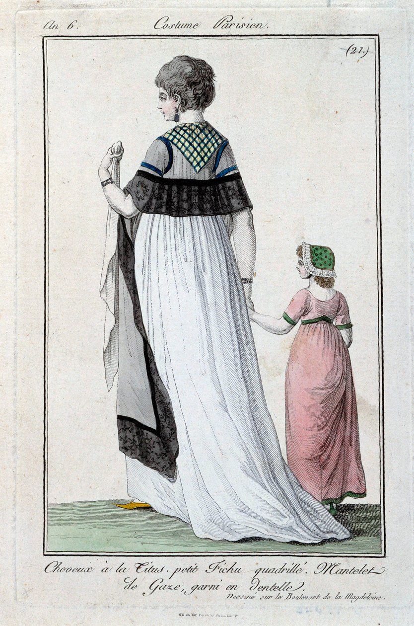 Moda sotto il Direttorio: giovane donna parigina elegante che indossa il Titus, mantello di garza con pizzo. 1797. Parigi, museo del costume da French School