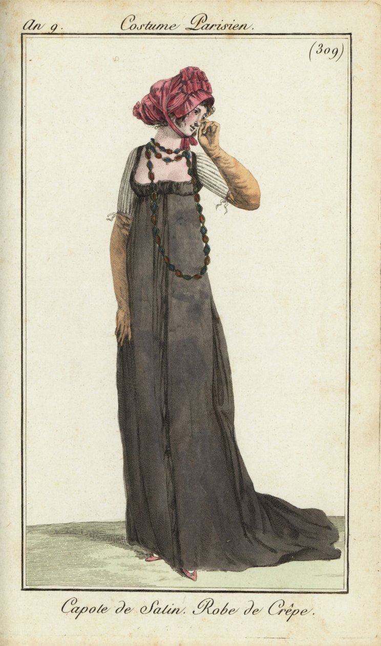Donna alla moda con cappello di raso e vestito di crepe da French School