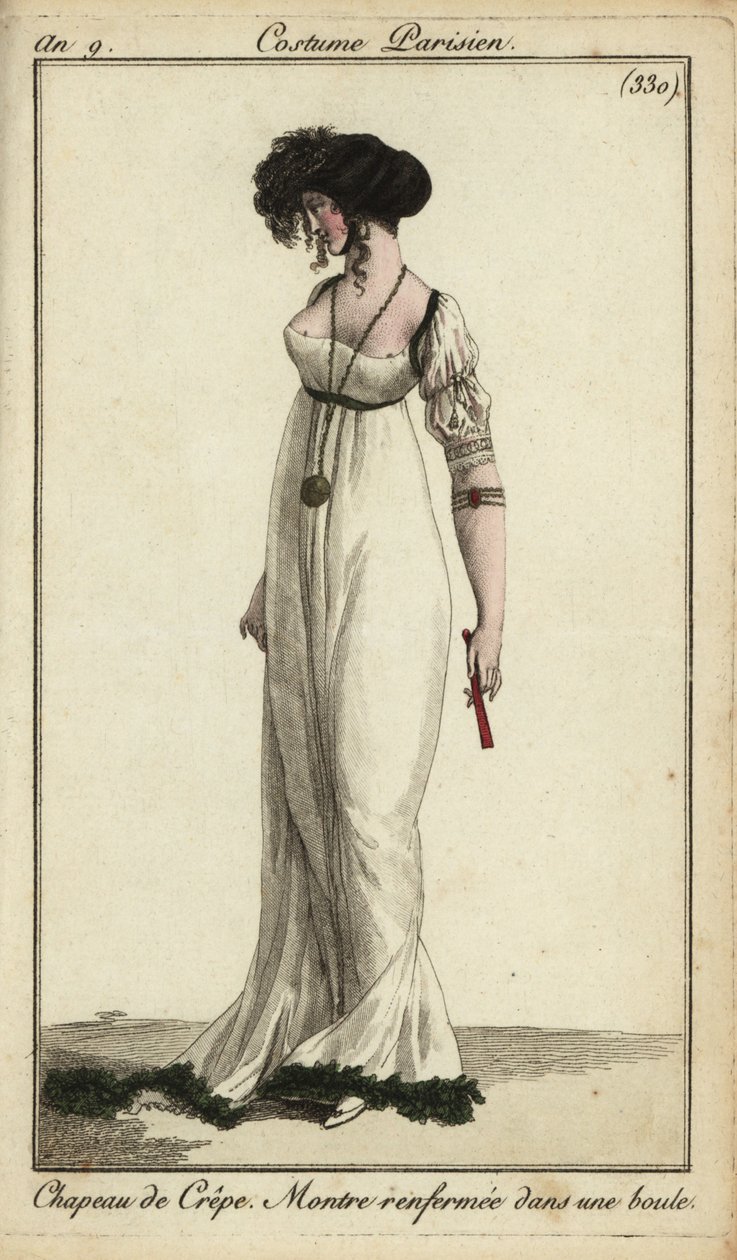 Donna alla moda o Merveilleuse con cappello di crepe da French School