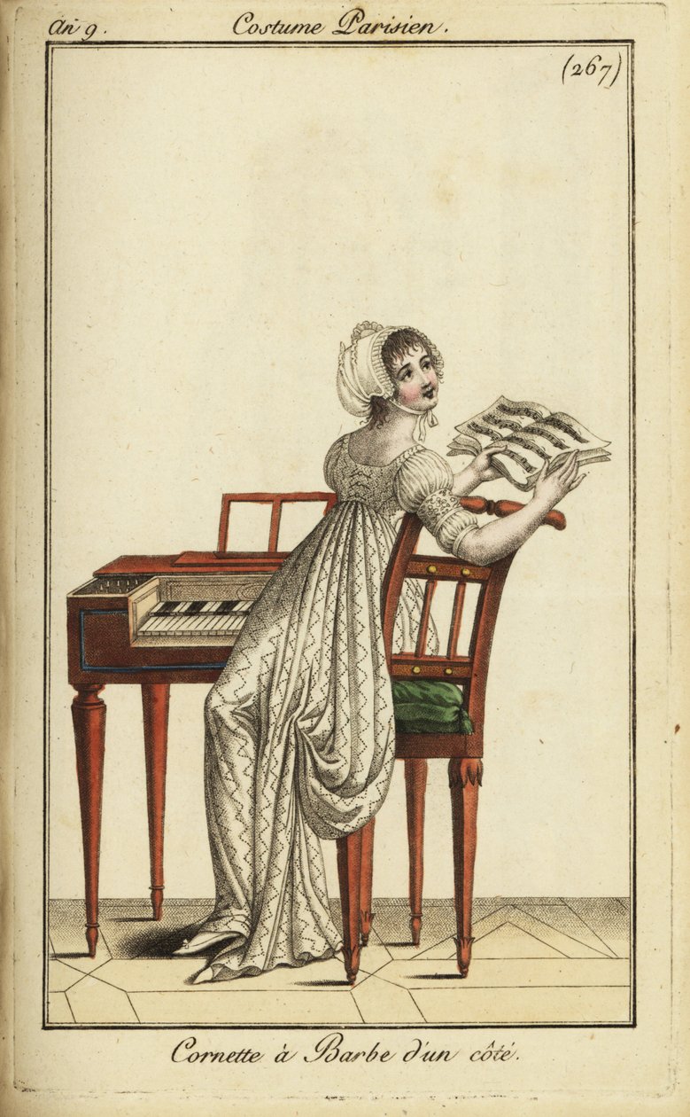 Donna alla moda che suona un clavicembalo da French School
