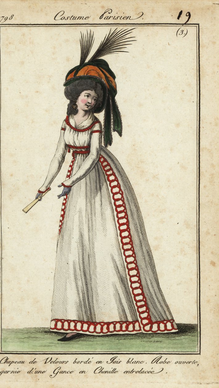 Donna alla moda con ventaglio e grande acconciatura da French School