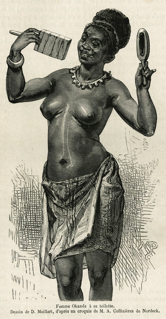 Donna Okanda si fa la toilette, disegno di D.Maillard, per illustrare la storia di un viaggio in Gabon e sul fiume Ogoue, nel 1875-1877, di Alfred Marche. Incisione in Le tour du monde da French School