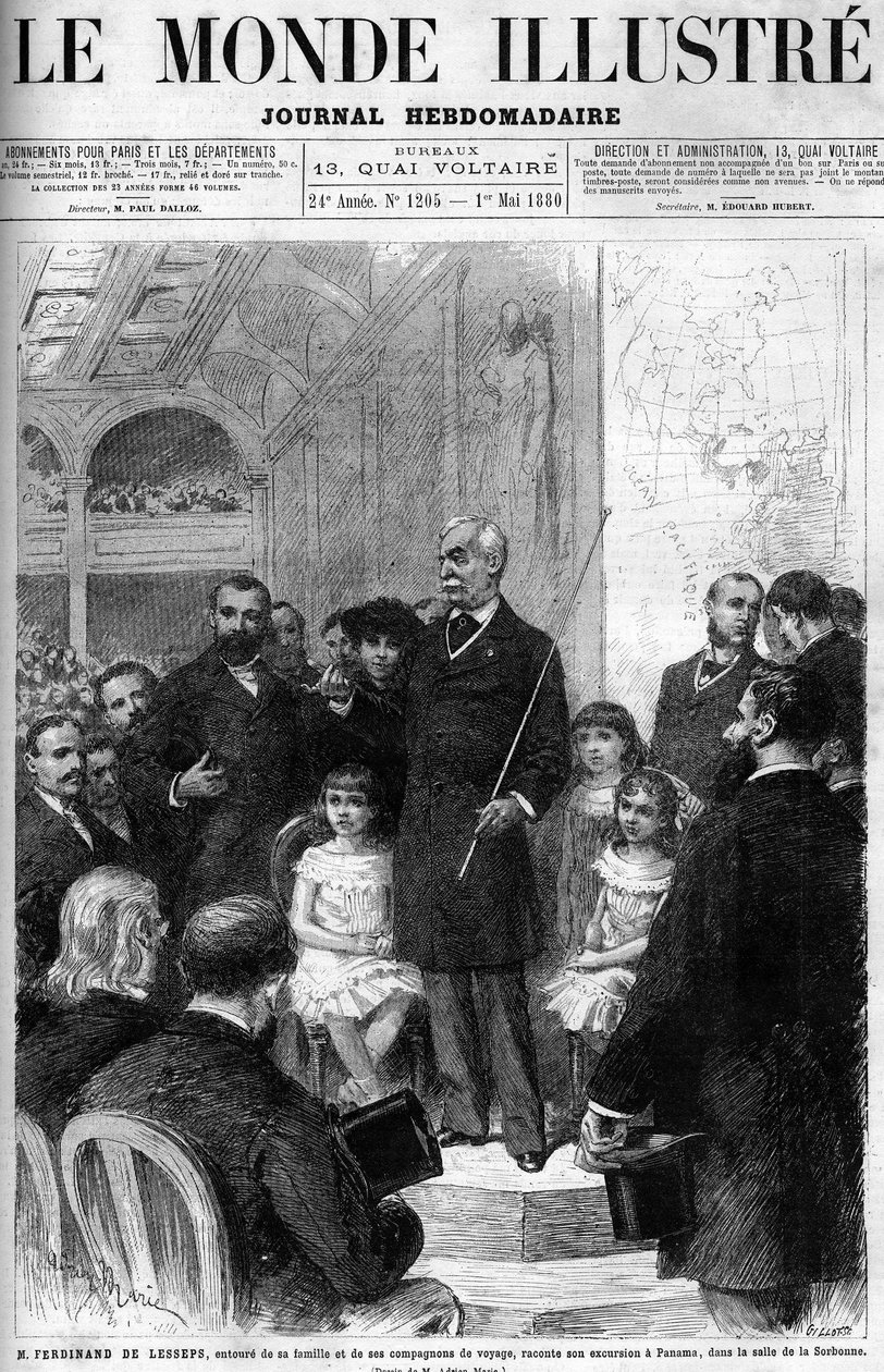 Ferdinand de Lesseps è circondato dalla sua famiglia e dai suoi compagni di viaggio, raccontando il suo viaggio a Panama nella Salle de la Sorbonne. Copertina de 