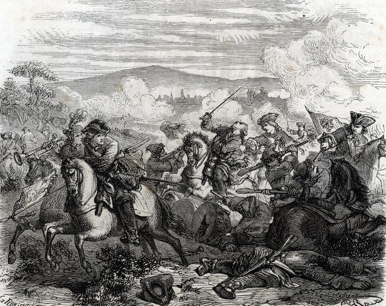 Ferdinand de Marsin ferito mortalmente alla Battaglia di Torino 1706 (incisione) da French School