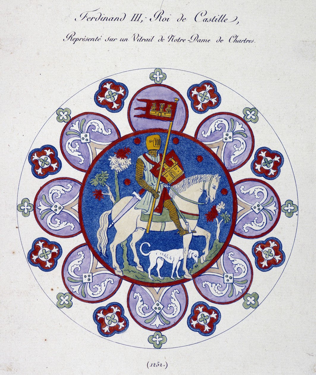 Fernando III, Re di Castiglia, rappresentato su una vetrata di Notre Dame de Chartres (1252). Simile al collegio. da French School