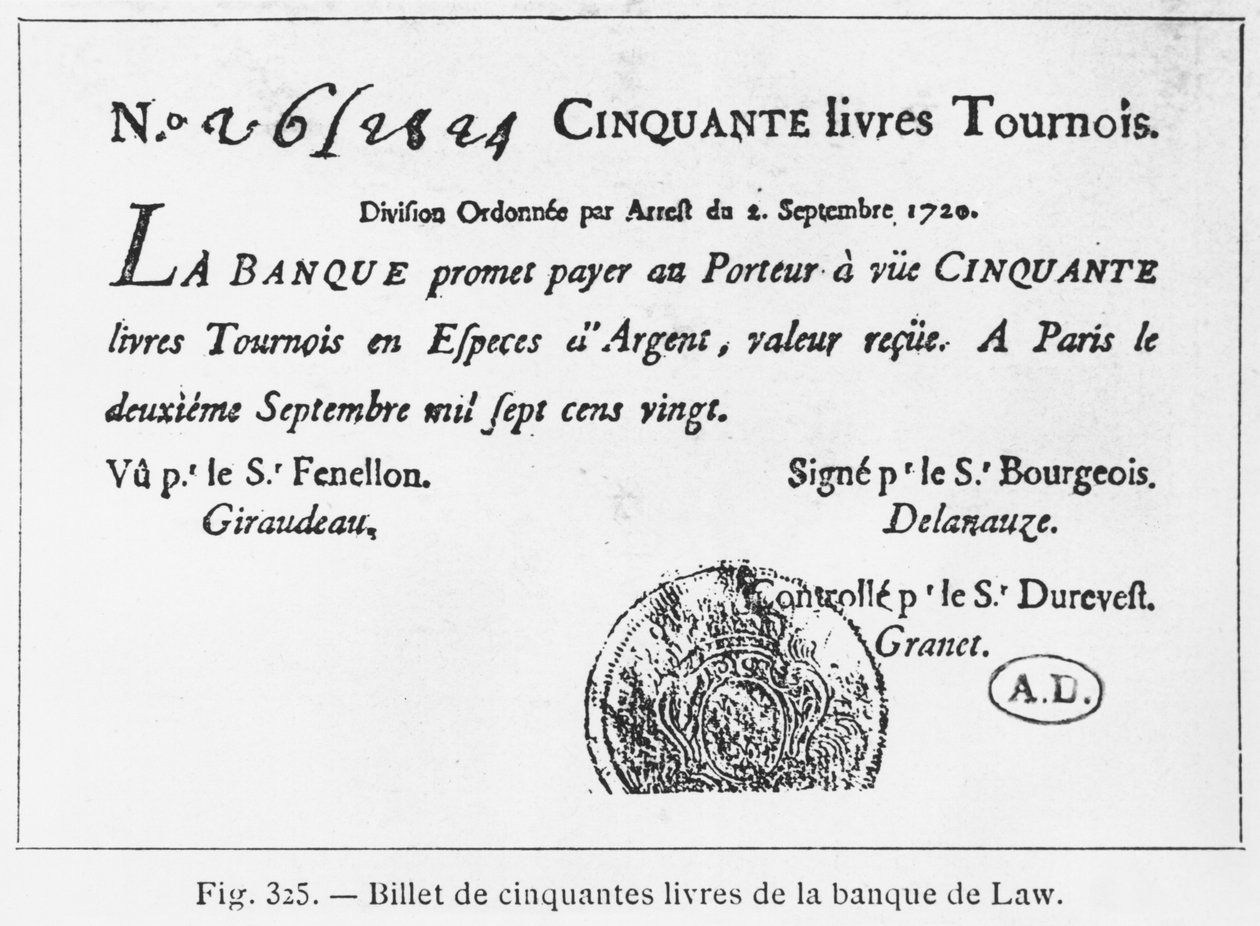 Banconota francese da cinquanta sterline della Banca di Law, datata 2 settembre 1720 da French School