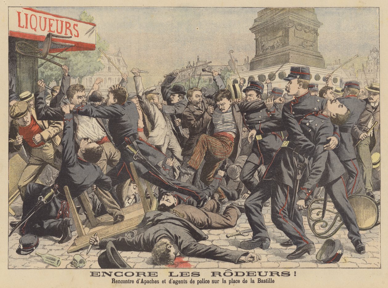 Combattimento tra Apaches e polizia in Place de la Bastille a Parigi (litografia a colori) da French School
