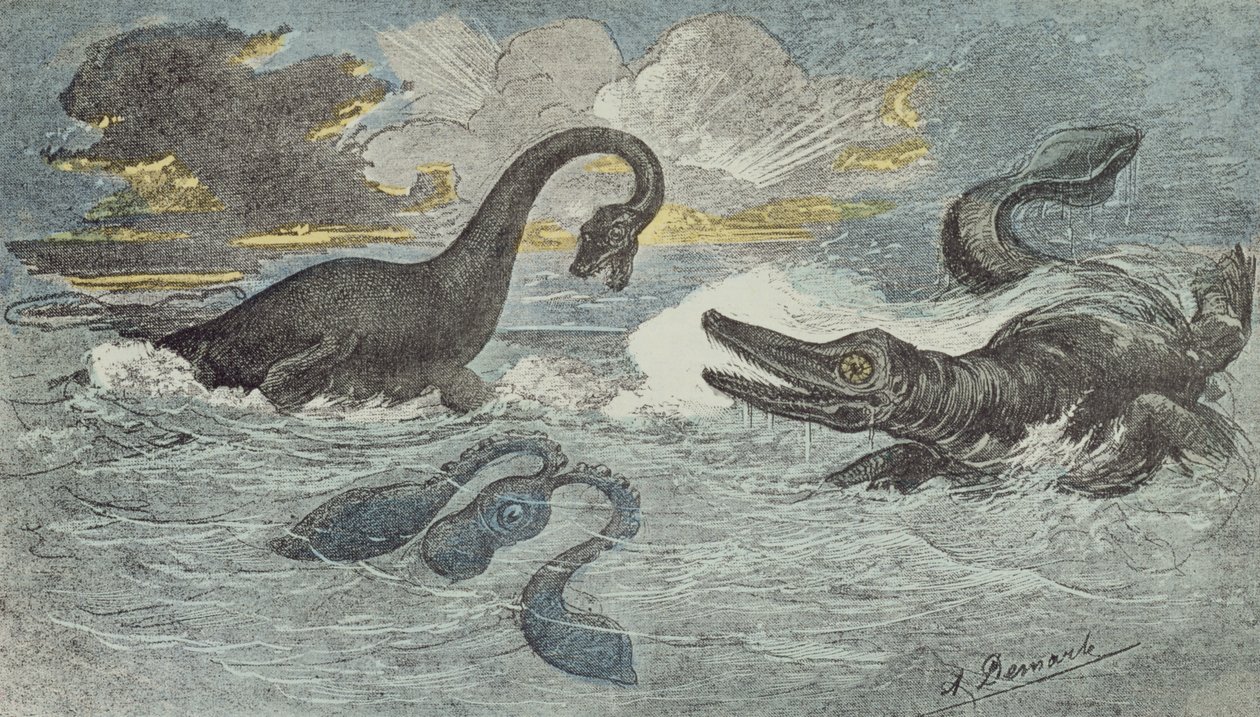 Combattimento tra un Plesiosauro e un Ichthiosauro nel periodo Liassico o Giurassico (208 a 146 milioni di anni fa), 1880 da French School