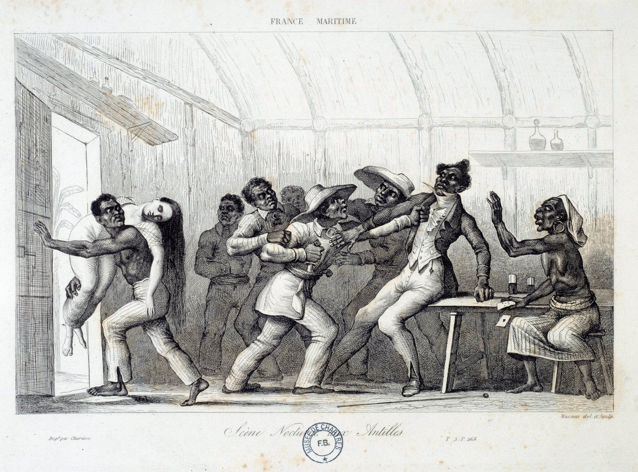 Combattimento in una taverna nelle Indie Occidentali, una giovane donna bianca viene rapita da rapinatori. Incisione del XIX secolo. Chartres, Museo delle Belle Arti da French School