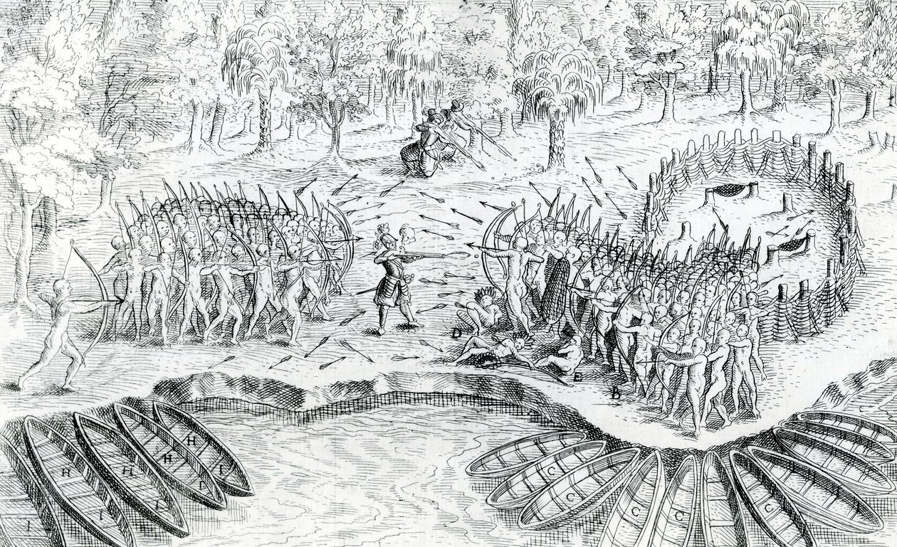 Combattimento degli Uroni, da Voyage de Champlain nel 1624 di Samuel de Champlain, 1567-1635 da French School