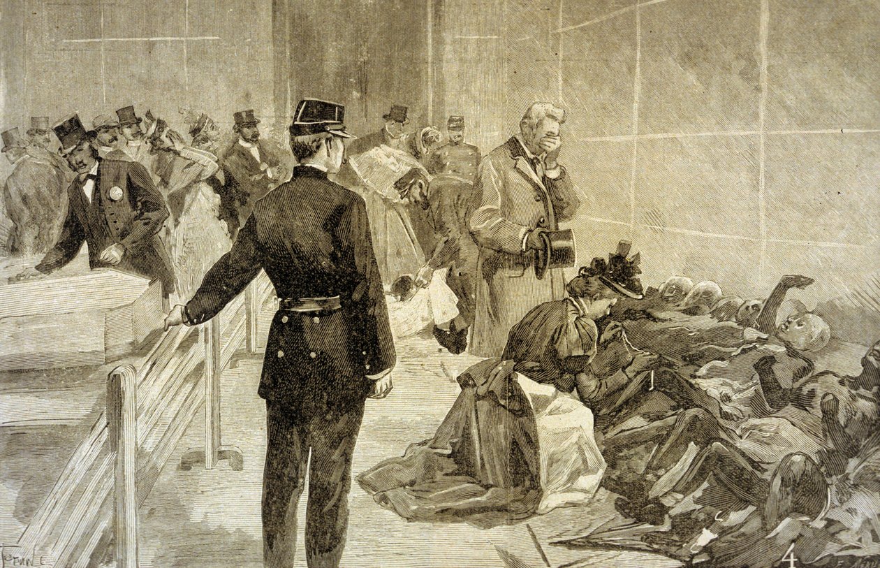 Incendio al Bazar de la Charité a Parigi il 4 maggio 1897: dopo la catastrofe, famiglie che identificano le vittime al Palais de l